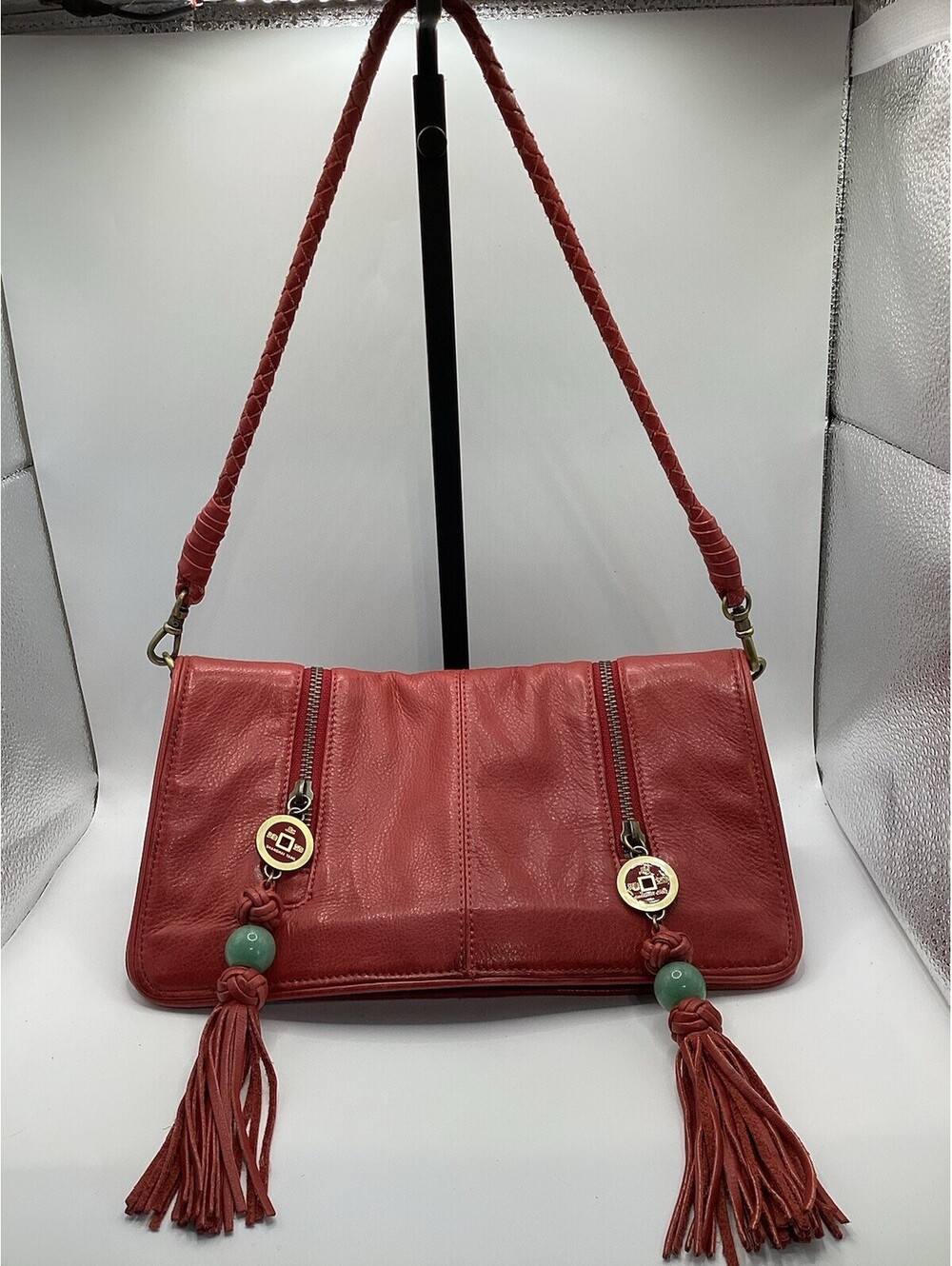 Shanghai Tang Red Leather Shoulder Bag Tassel Jade Green Beads Rare Vintage